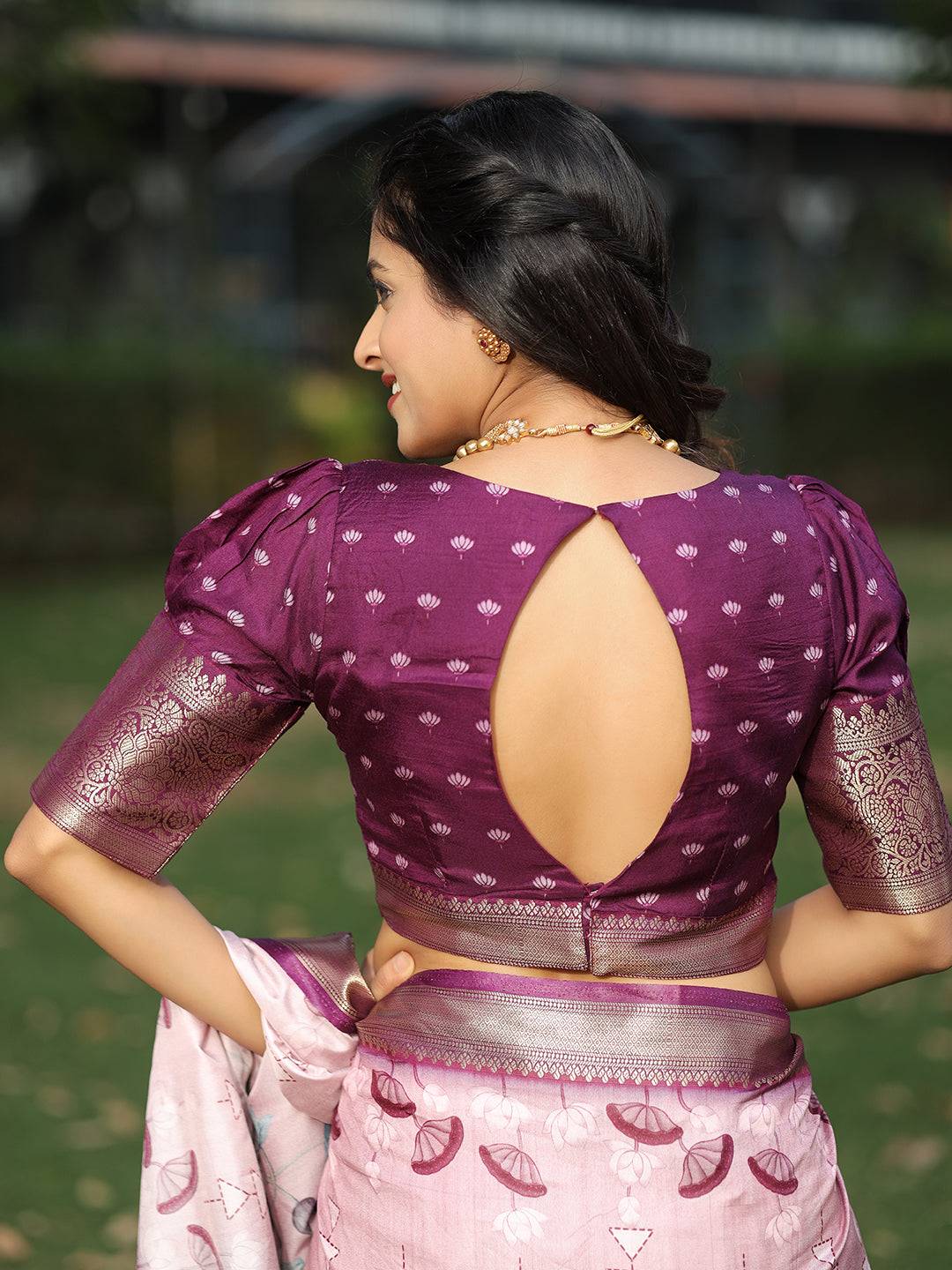 Viscose Dola Silk Pink Colour Saree with Floral and Mughal Print - Luxe
