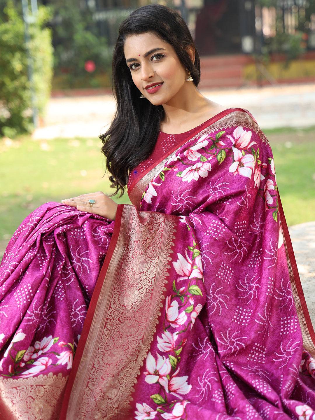 Magenta Pure Viscose Dola Silk Saree With Floral Print Border - Luxe by My Store