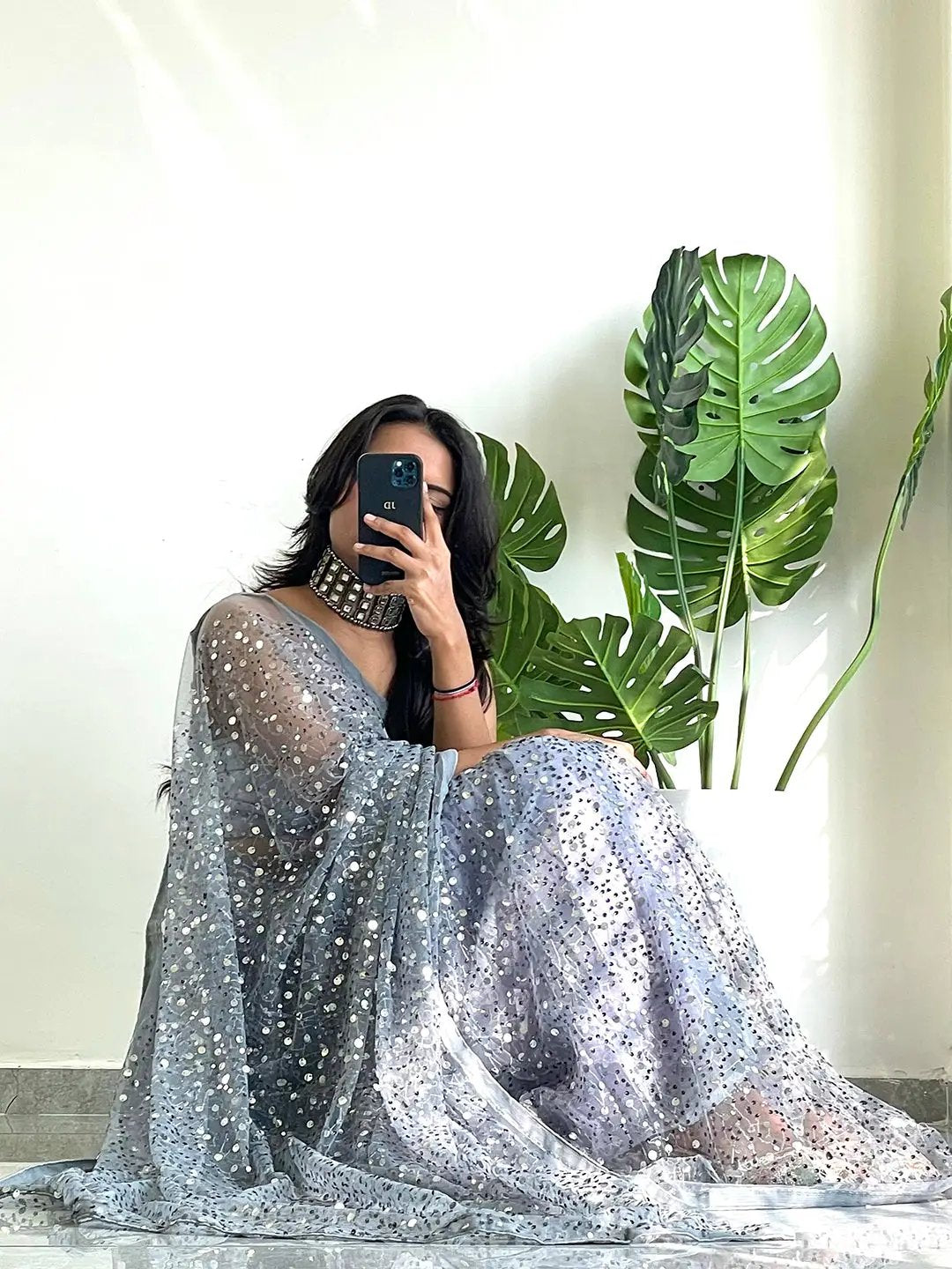 Beautiful Net Saree With Sequins Embroidery Work
