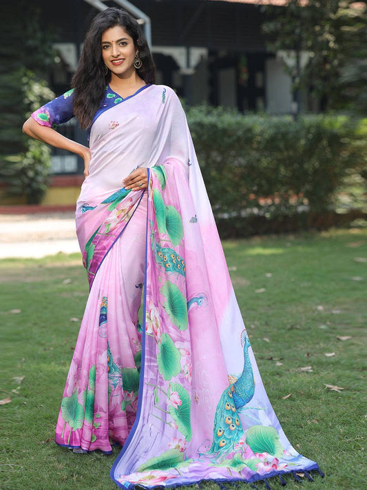 Satin Georgette Pink Colour Hand Print Saree - Luxe by My Store