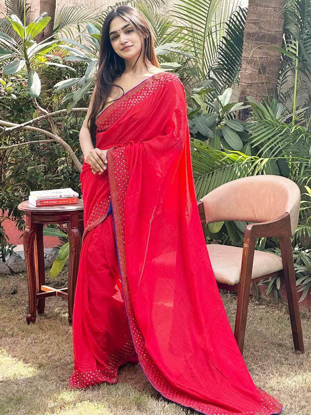 Red colour Vichitra Silk Saree With Embellish Swarovski Stone work by My Store