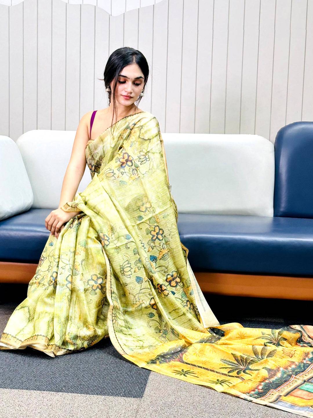 Light Green Kota Doriya Silk Saree With Floral Print by My Store