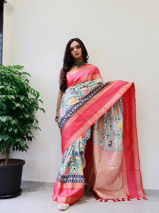 Attractive Soft Silk Gadwal Border Pochampally Print Saree