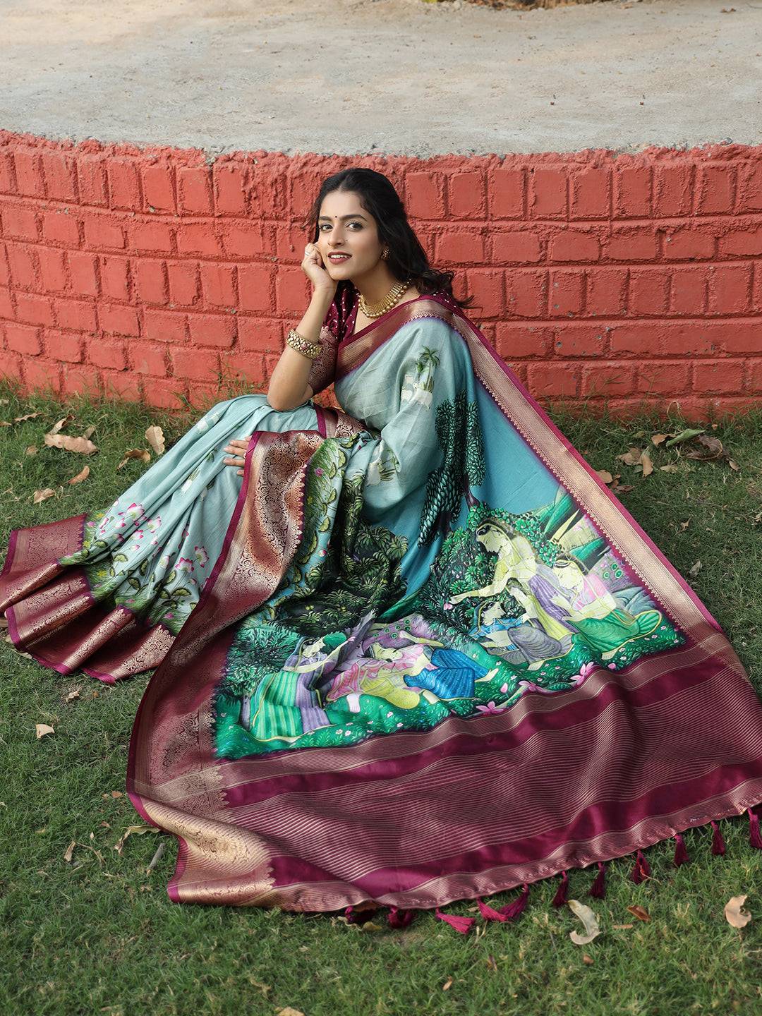 Viscose Dola Silk Sky Blue Colour Saree with Floral and Mughal Print - Luxe