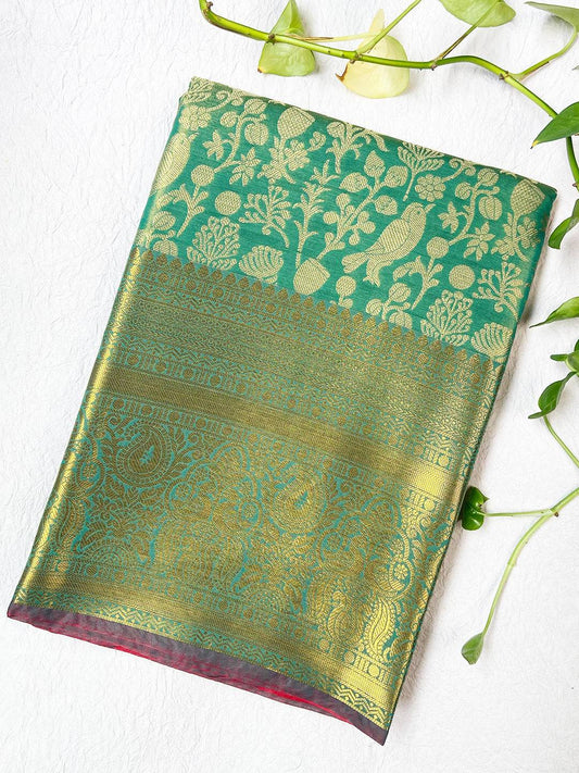 Rama Green Kanjivaram With Golden Zari Work Saree by My Store