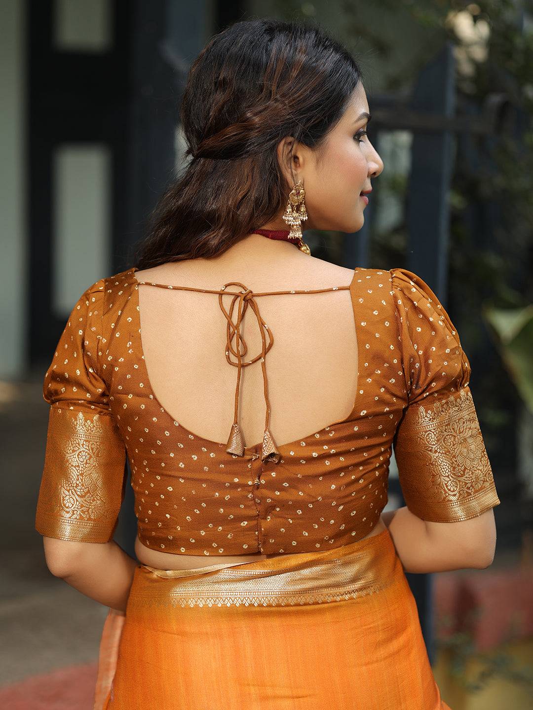 Viscose Dola Silk Orange Colour Saree with Floral and Mughal Print - Luxe