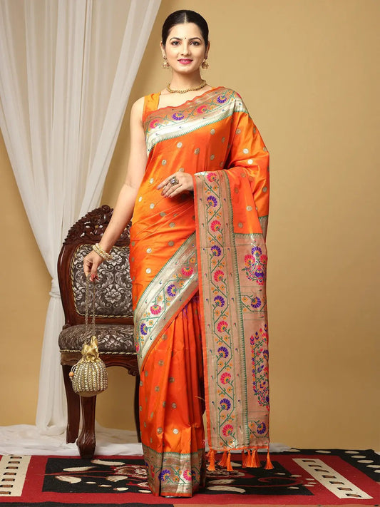 Yevla Paithani Minakari Work Silk Saree in Orange Colour