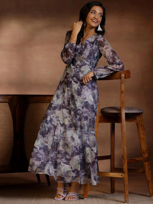 Grey Printed Polyester A-Line Dress by My Store