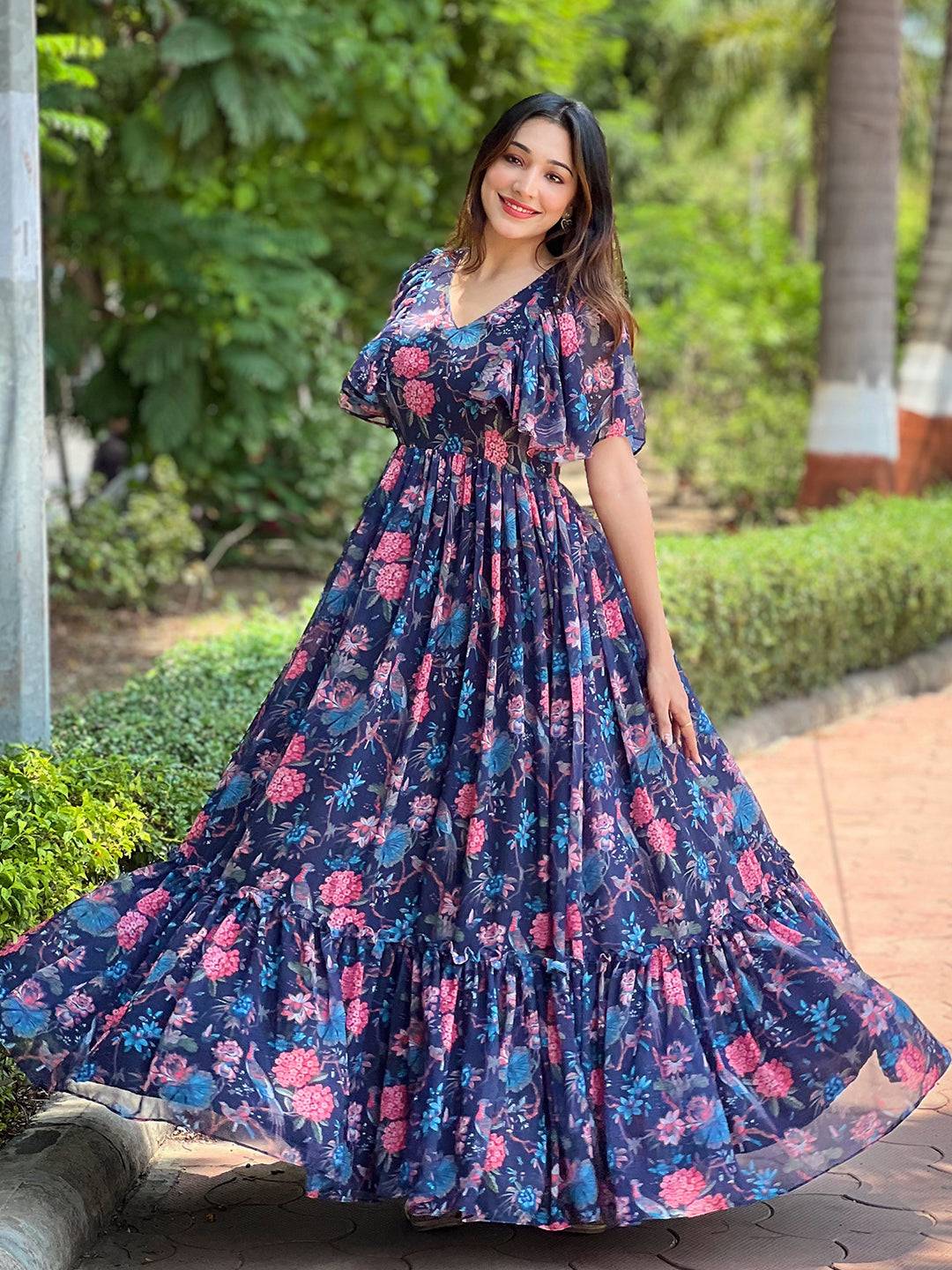 Midnight Navy Floral V-Neck Dress by My Store