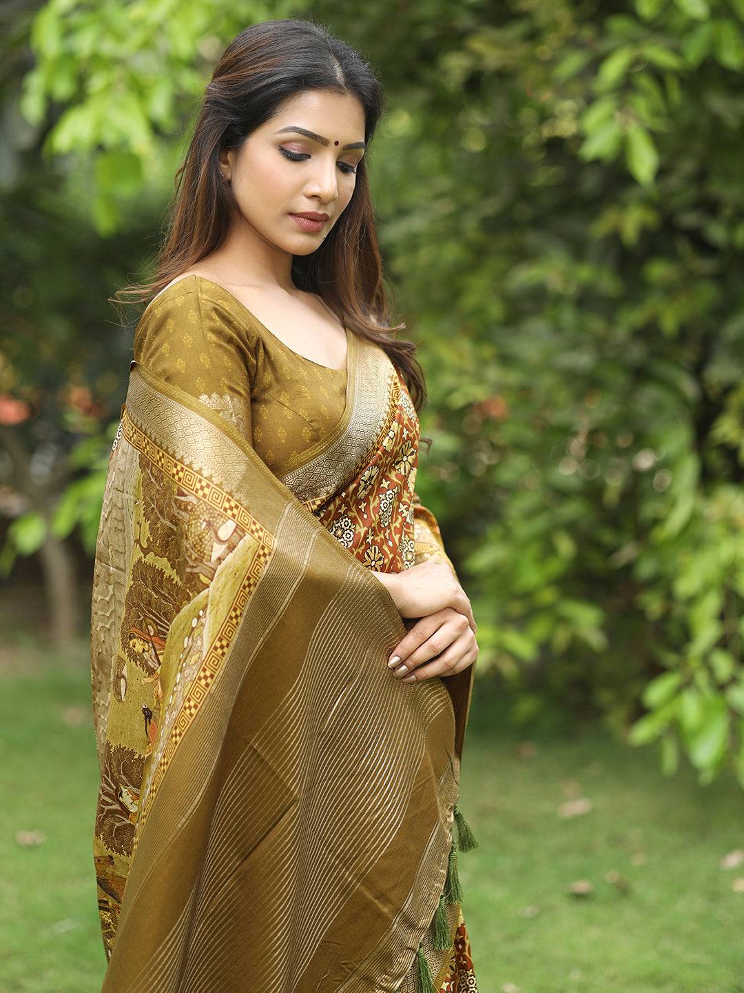 Brown Ajrak Block & Hand Kalamkari Printed Pure Viscose Dola Silk Saree - Luxe by My Store