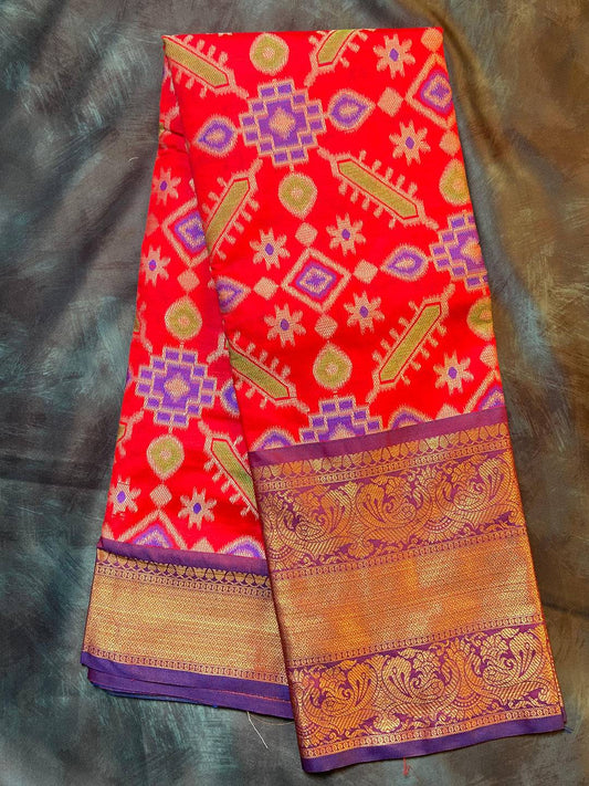 Crimson Red Minakari Ikkat Print Saree by My Store