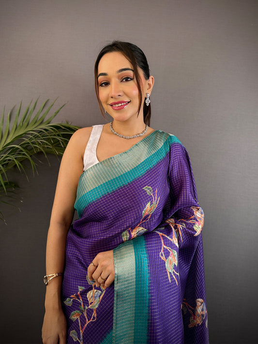 Purple Chanderi Check Sparrow Print Saree by My Store