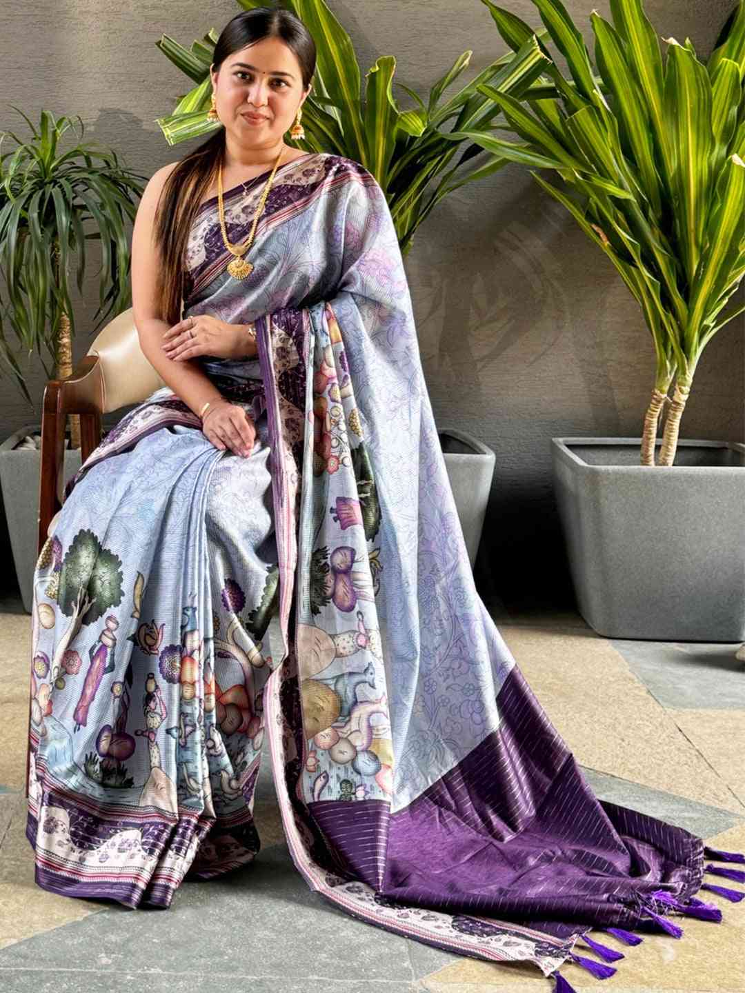 Lavender Colour Satin Kota Doria Digital Kalamkari Zari Pallu by My Store