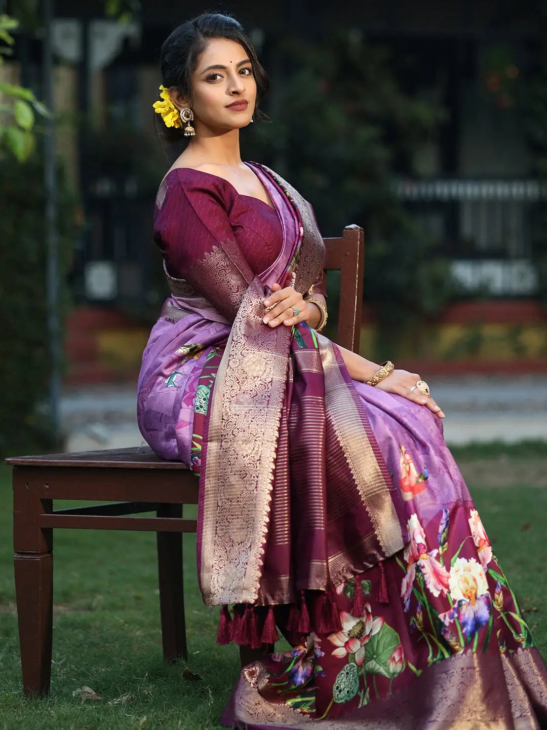 Purple Colour Pure Viscose Dola Silk Floral & Kalamkari Print Saree - Luxe by My Store