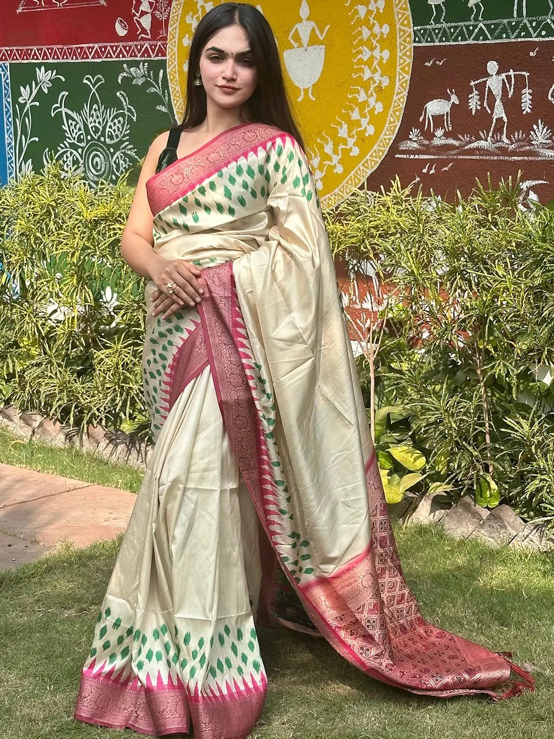 Pure Banarasi Soft Silk With Patola Pallu on Saree in Cream Colour by My Store