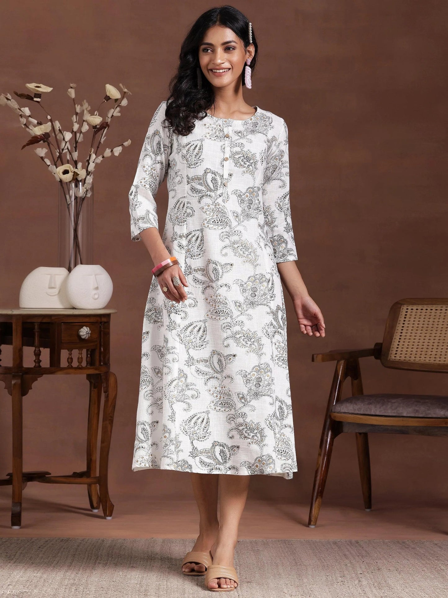 White Printed Cotton A-Line Dress