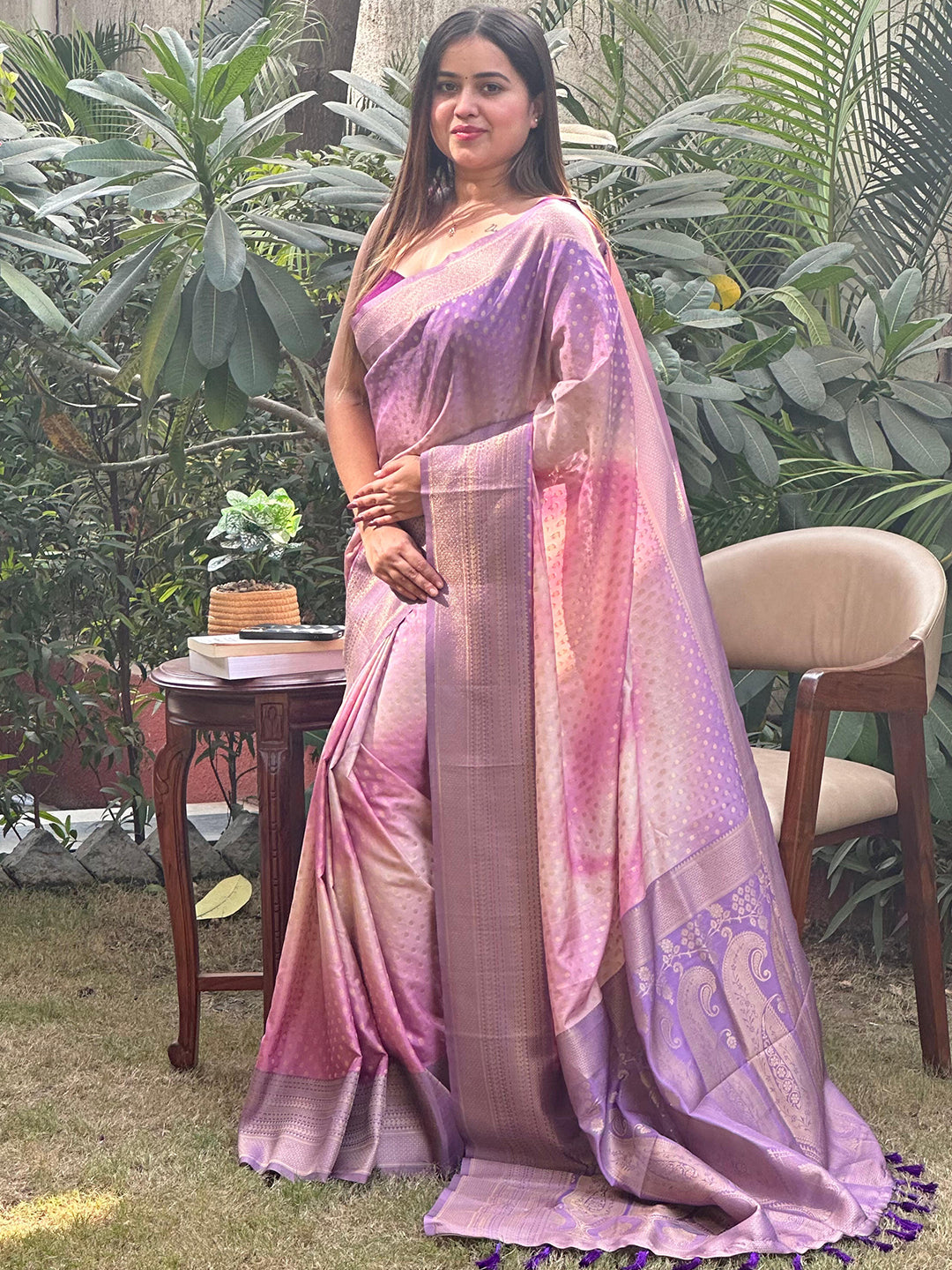 Violet Soft Silk Banarasi Ombre Print Saree