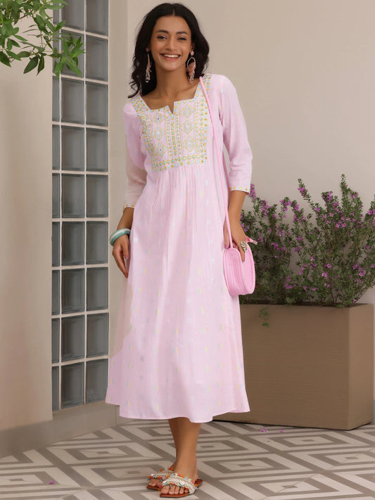Pink Self Design Cotton A-Line Dress by My Store