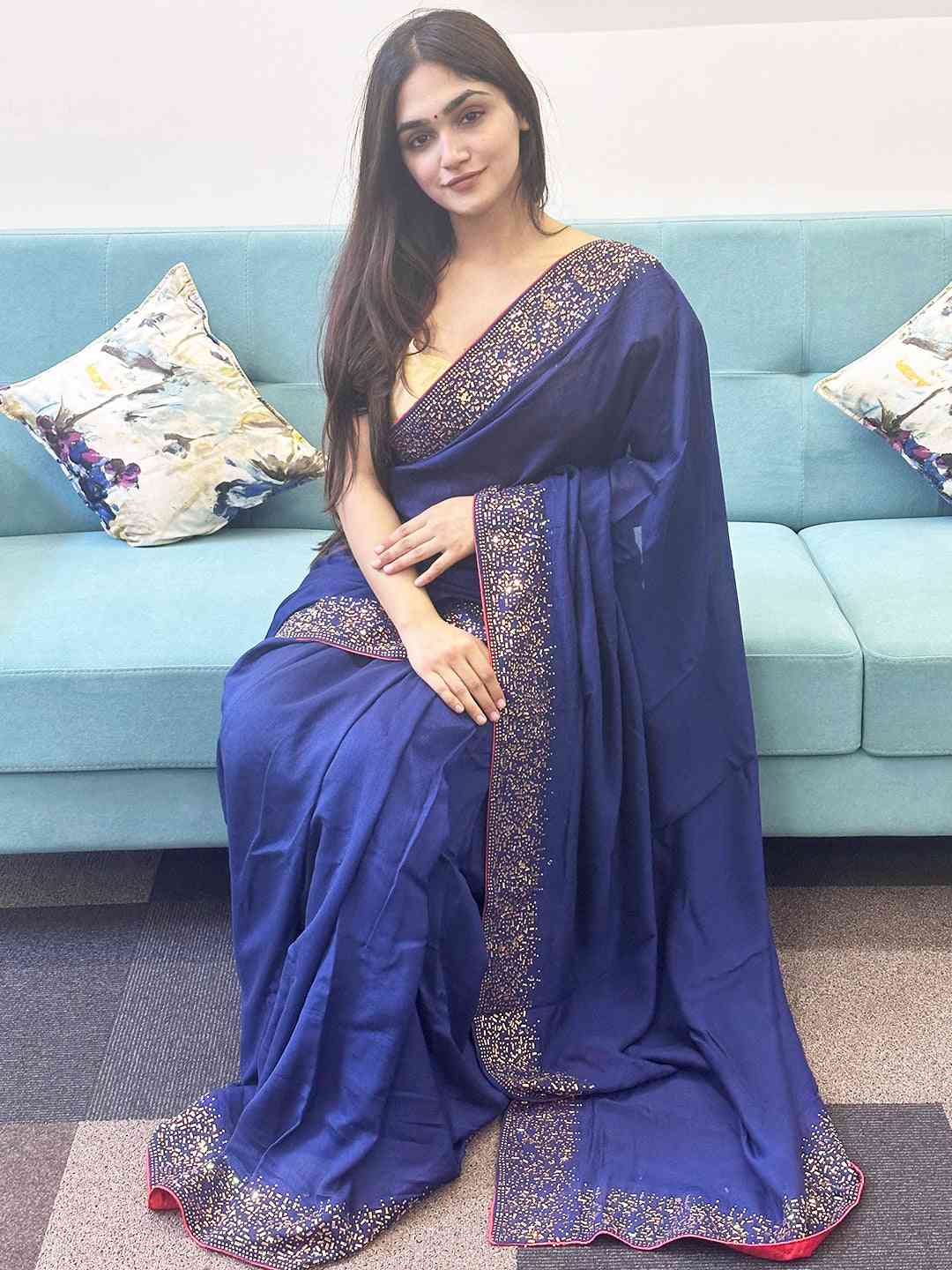 Navy colour Vichitra Silk Saree With Embellish Swarovski Stone work by My Store