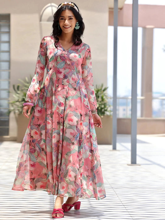 Pink Printed Chiffon A-Line Dress by My Store