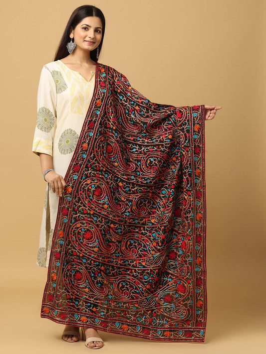Poly Chiffon Black Colour Pashmina Threadwork Dupatta by My Store