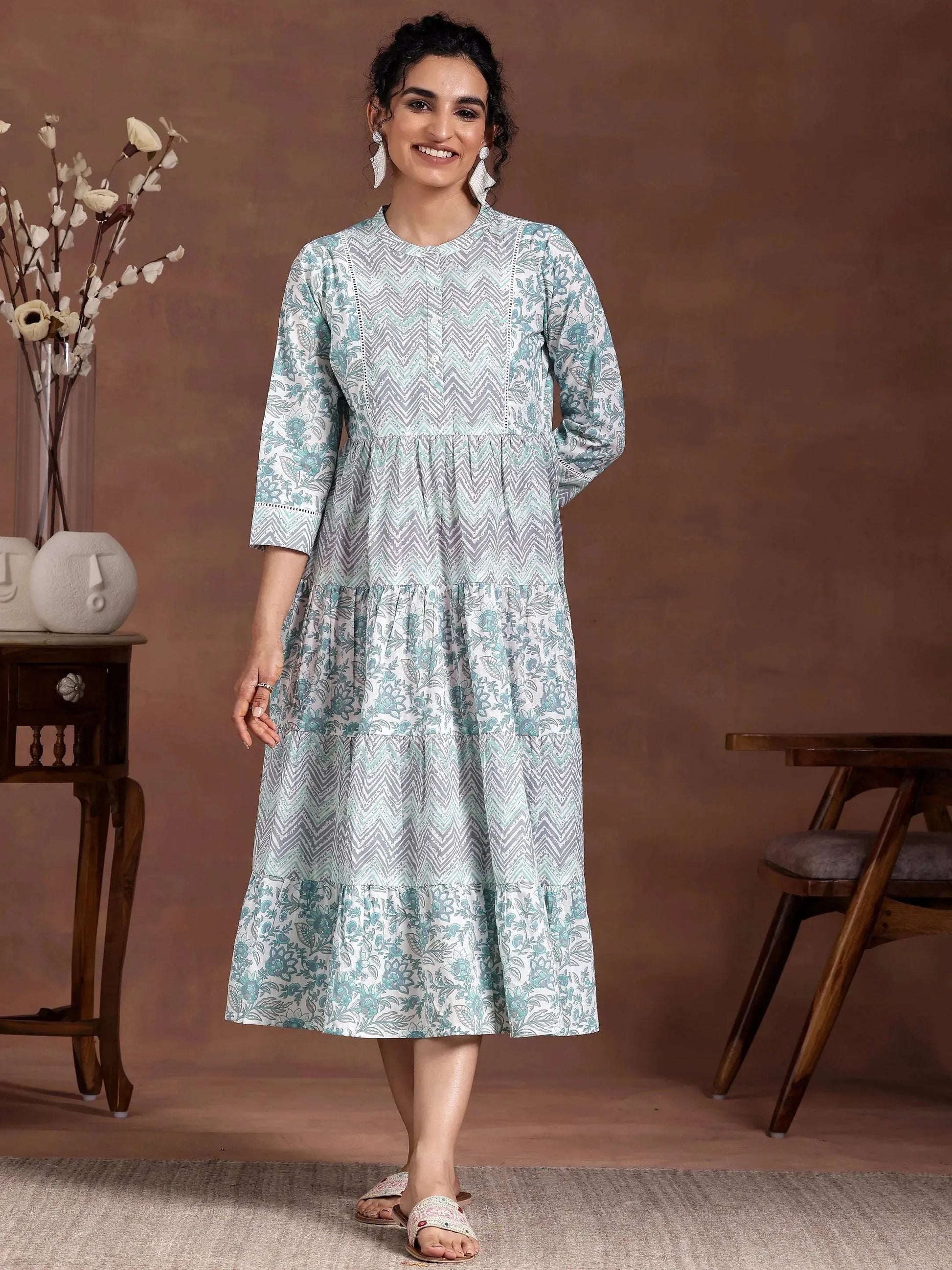 Off White Printed Cotton A-Line Dress by My Store