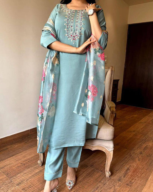 Readymade Viscos Blue Kurta Set