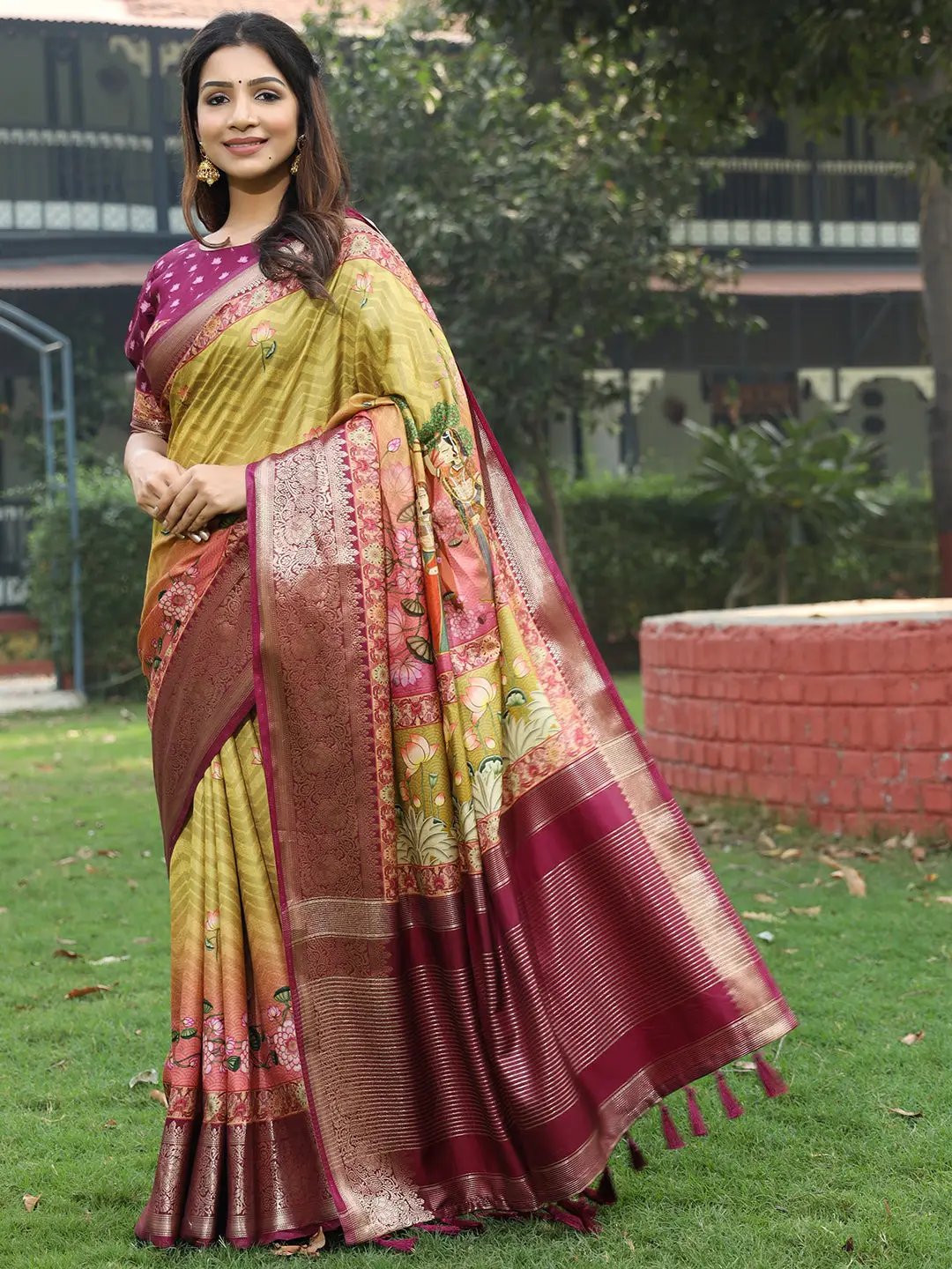 Light Green Colour Pure Viscose Dola Silk Saree with Pichwai Kalamkari Print - Luxe