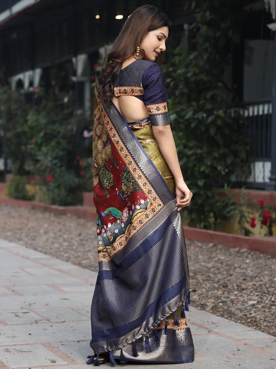 Olive Colour Pure Viscose Dola Silk Saree with Pichwai Kalamkari Print - Luxe by My Store