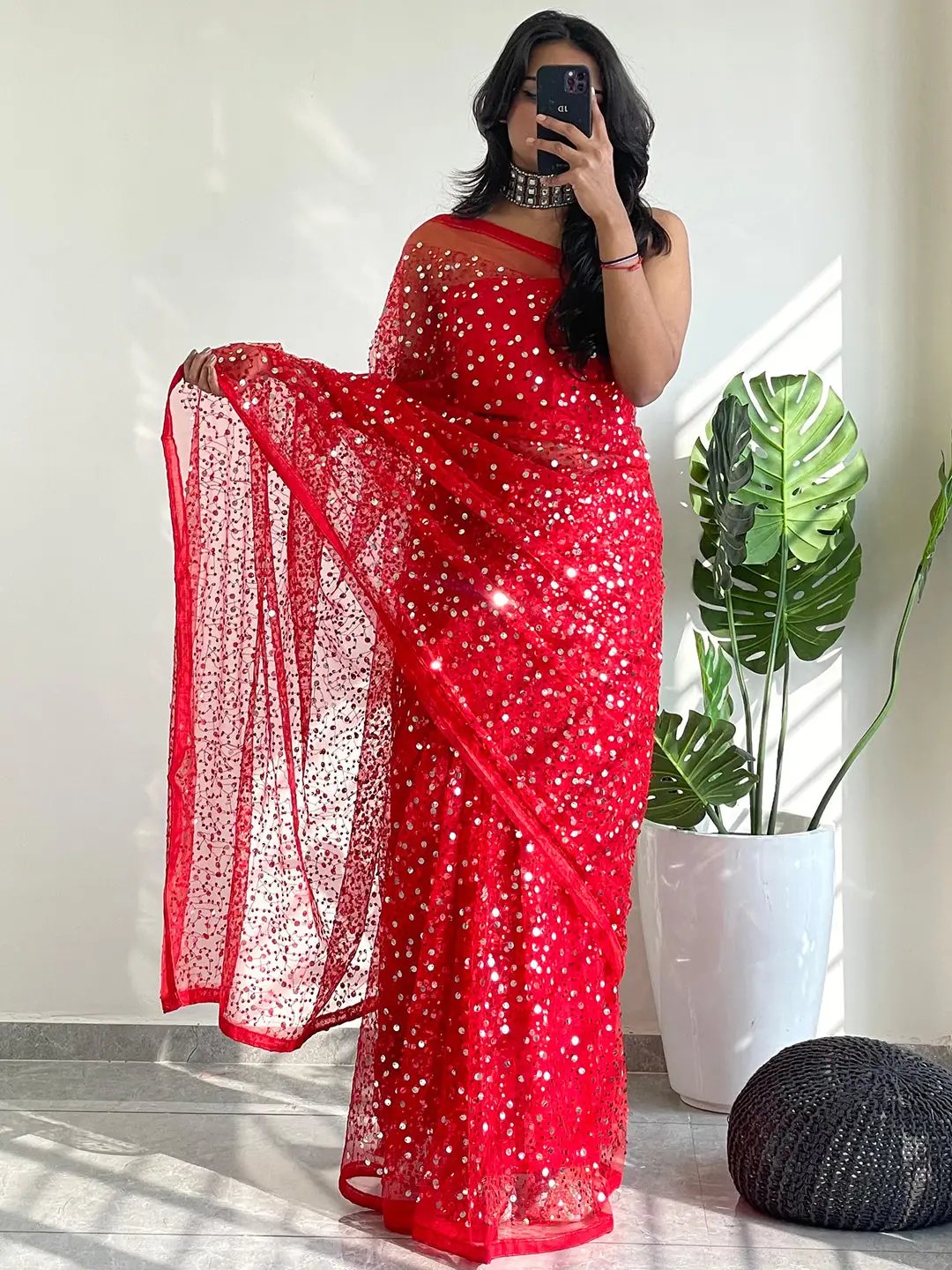 Beautiful Net Saree With Sequins Embroidery Work