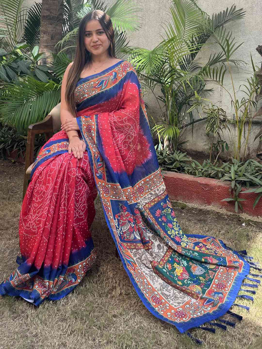 Red Colour Design Linen Saree with Bandhej and kalamkari Digital Print by My Store