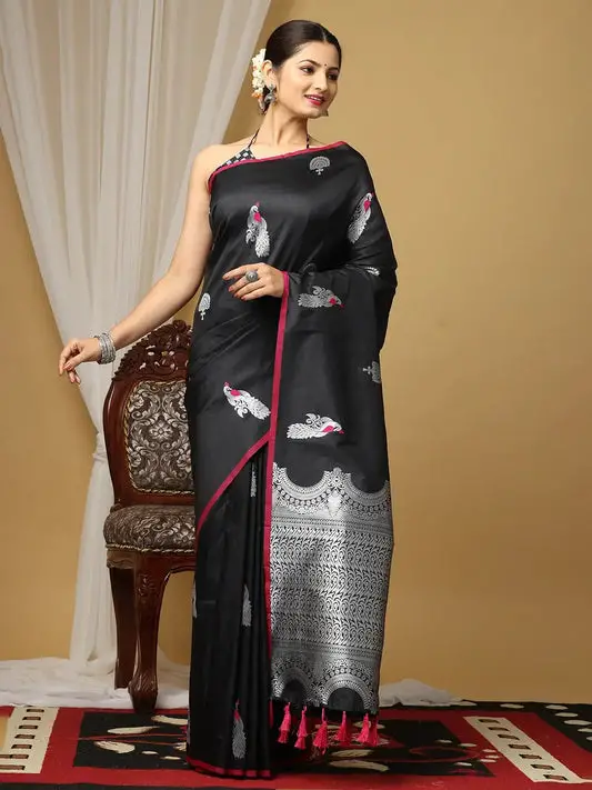Black Colour Banarasi Katan Silk Kanchi Zari Weaving Saree