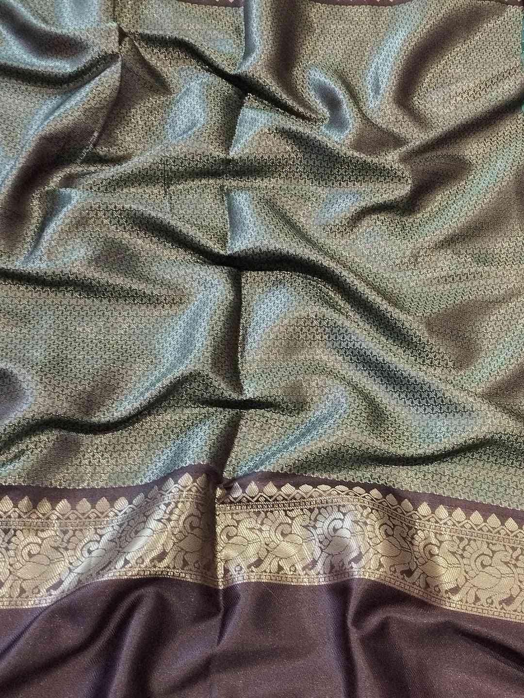 Green Colour Double Border Chex Weaving Banarasi Soft Silk Saree by My Store