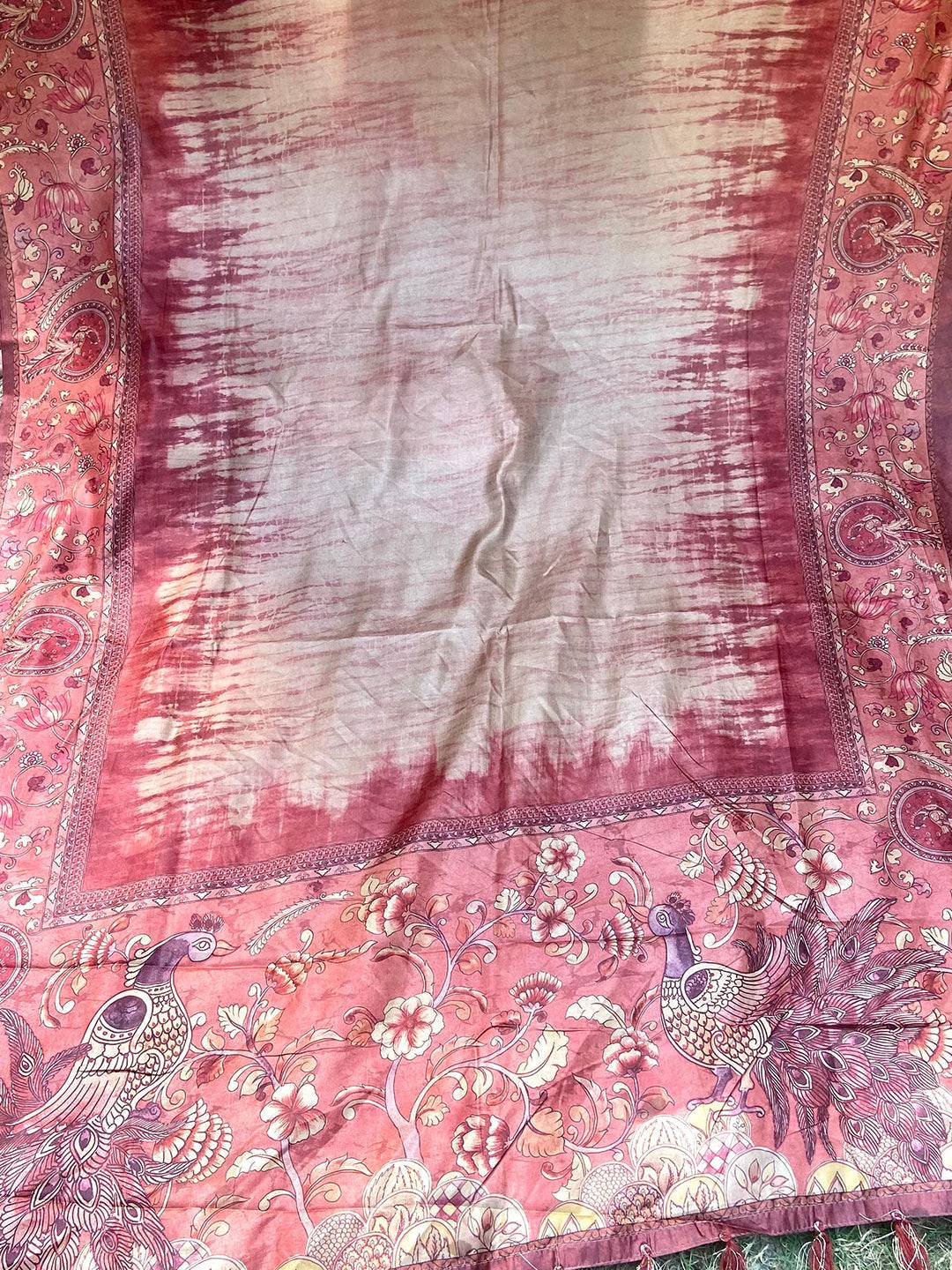 Maroon Colour Tussar Silk Saree With Batik and Kalamkari Print Border by My Store
