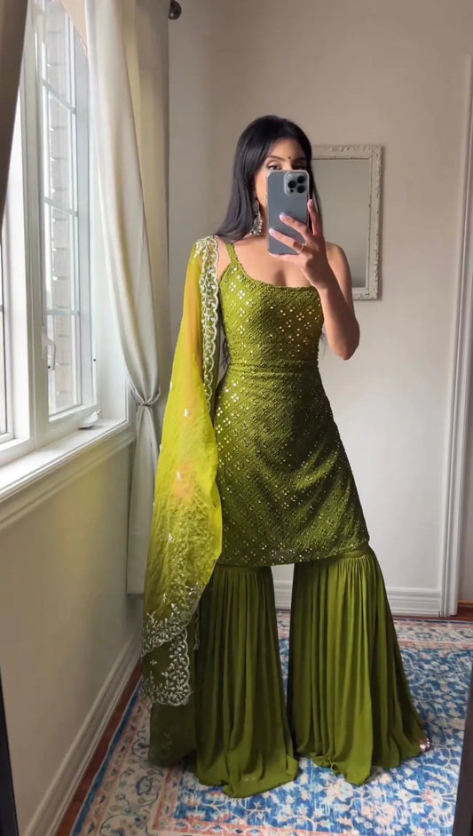 Green Embroidered Kurta And Sharara Suit Set with Dupatta by My Store
