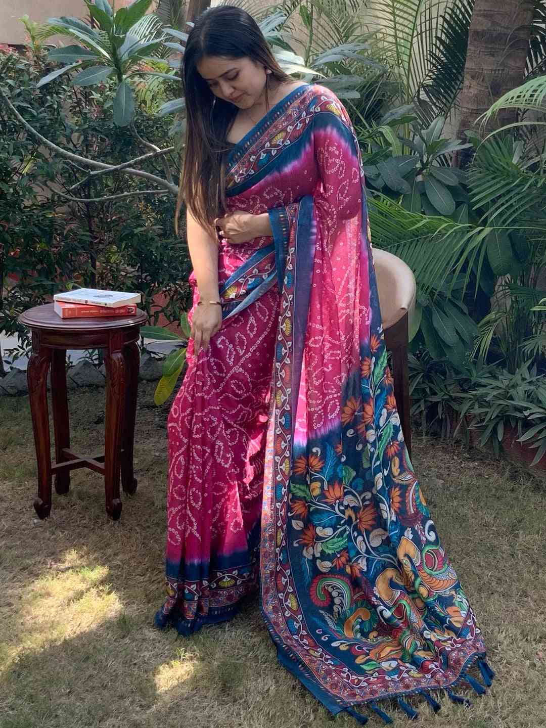 Linen Bandhej Kalamkari Digital Print Saree by My Store