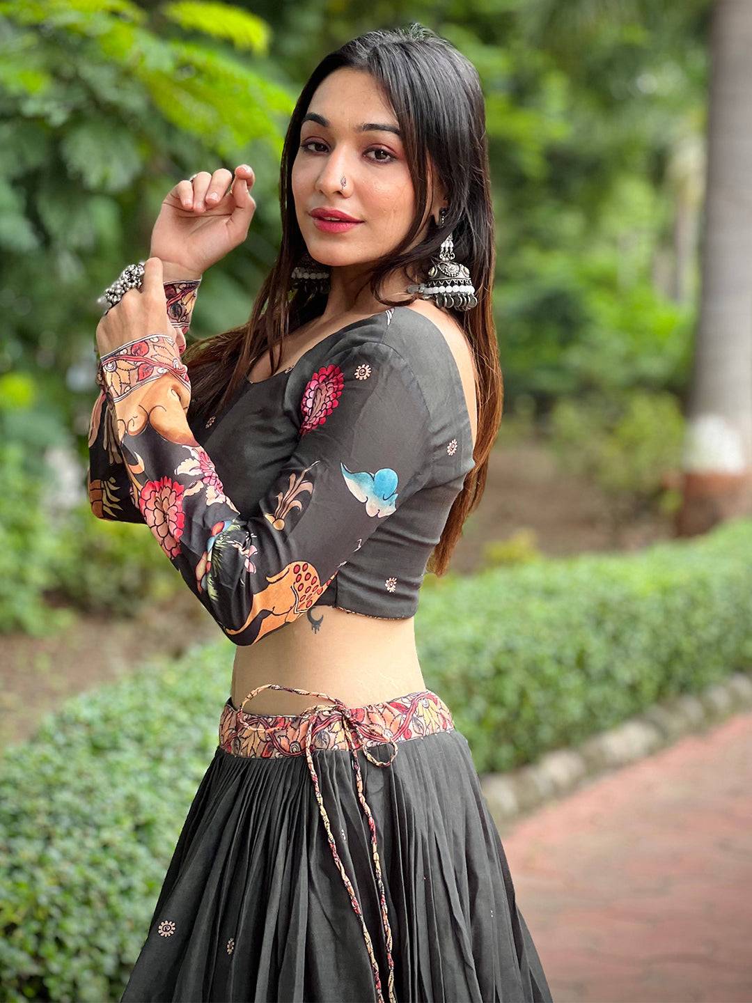 Olive Green Kalamkari Lehenga Set by My Store