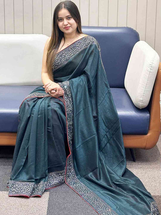 Dark Green colour Vichitra Silk Saree With Embellish Swarovski Stone work by My Store