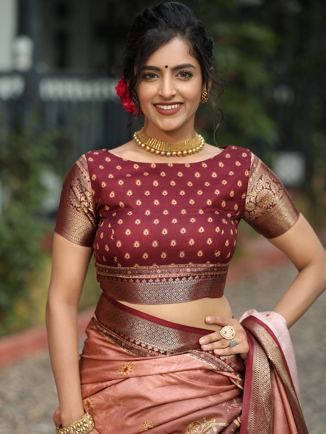 Pure Viscose Dola Silk Saree With Zari Weaving Pallu In Peach Colour - Luxe by My Store