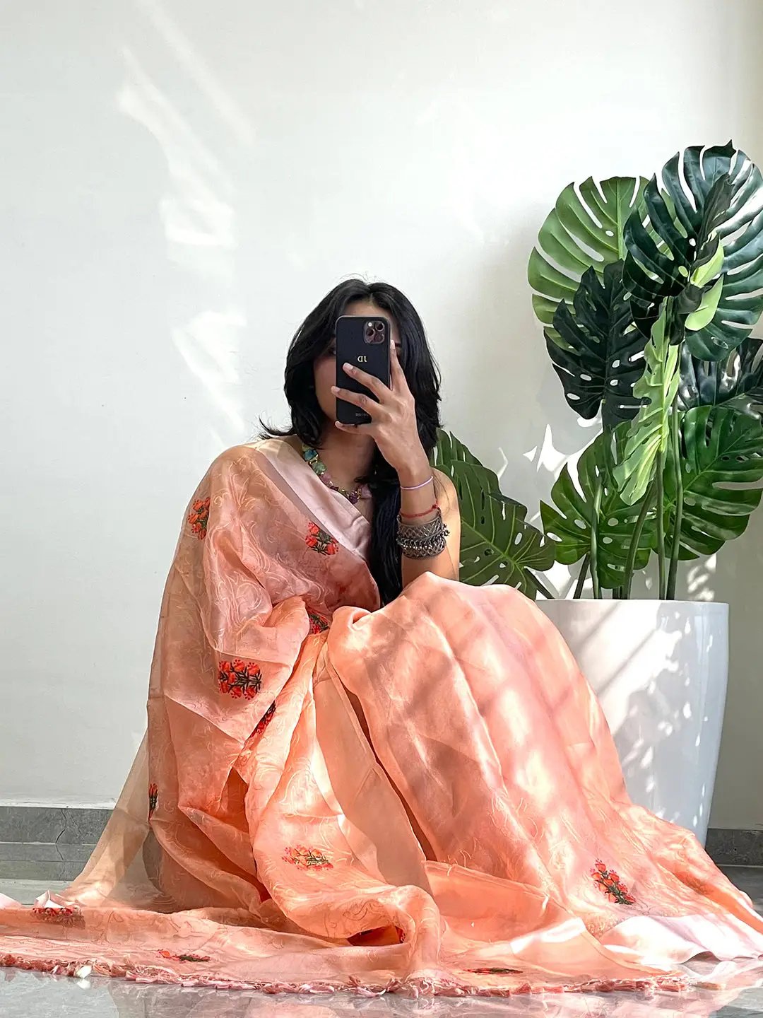 Soft Chiffon Satin Saree With Flower Embroidered Work by My Store