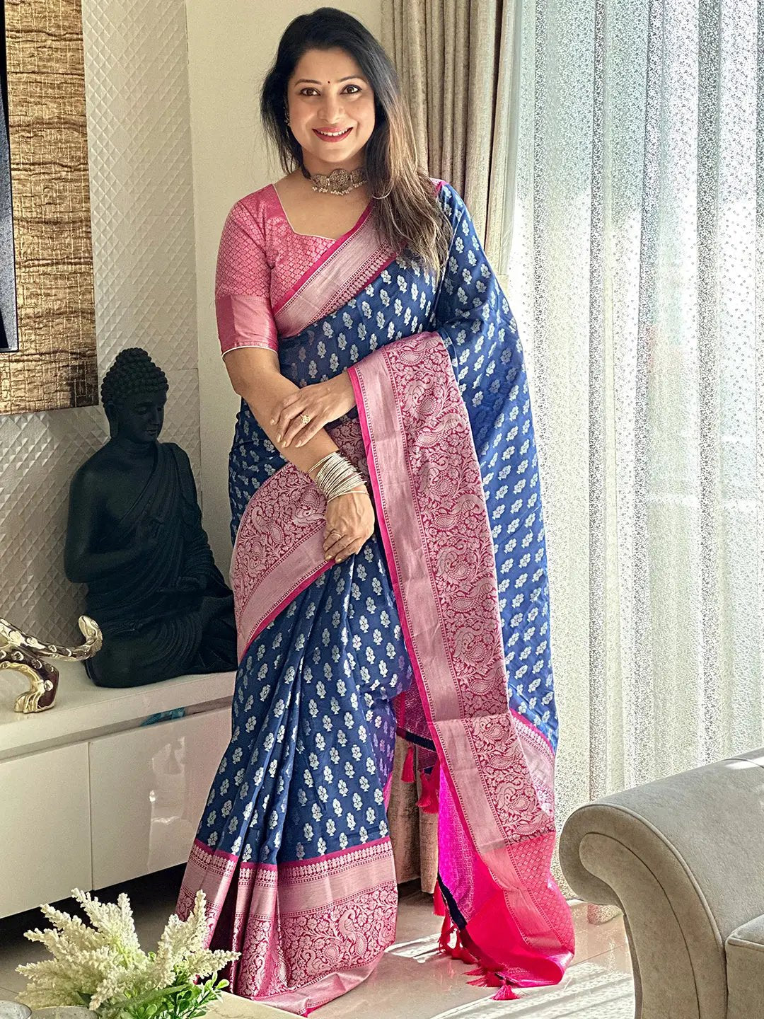 Blue Banarasi Katan Silk Butti Saree