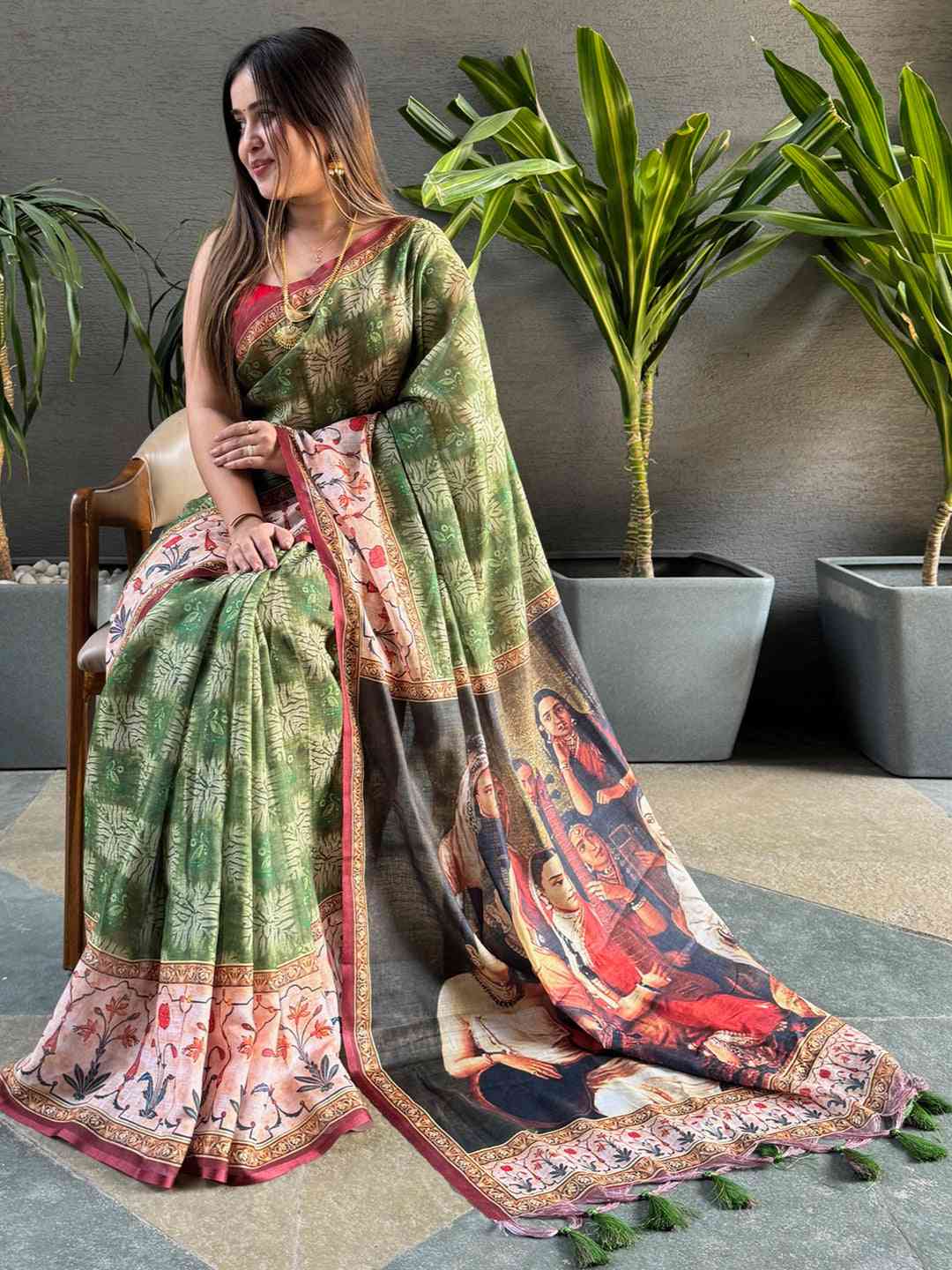 Green Colour Block Print Saree With kalamkari Print Pallu by My Store