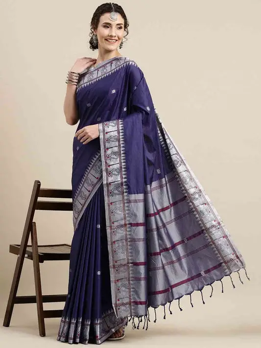 Beautiful Blue Colour Zari Silk Cotton Paithani Saree