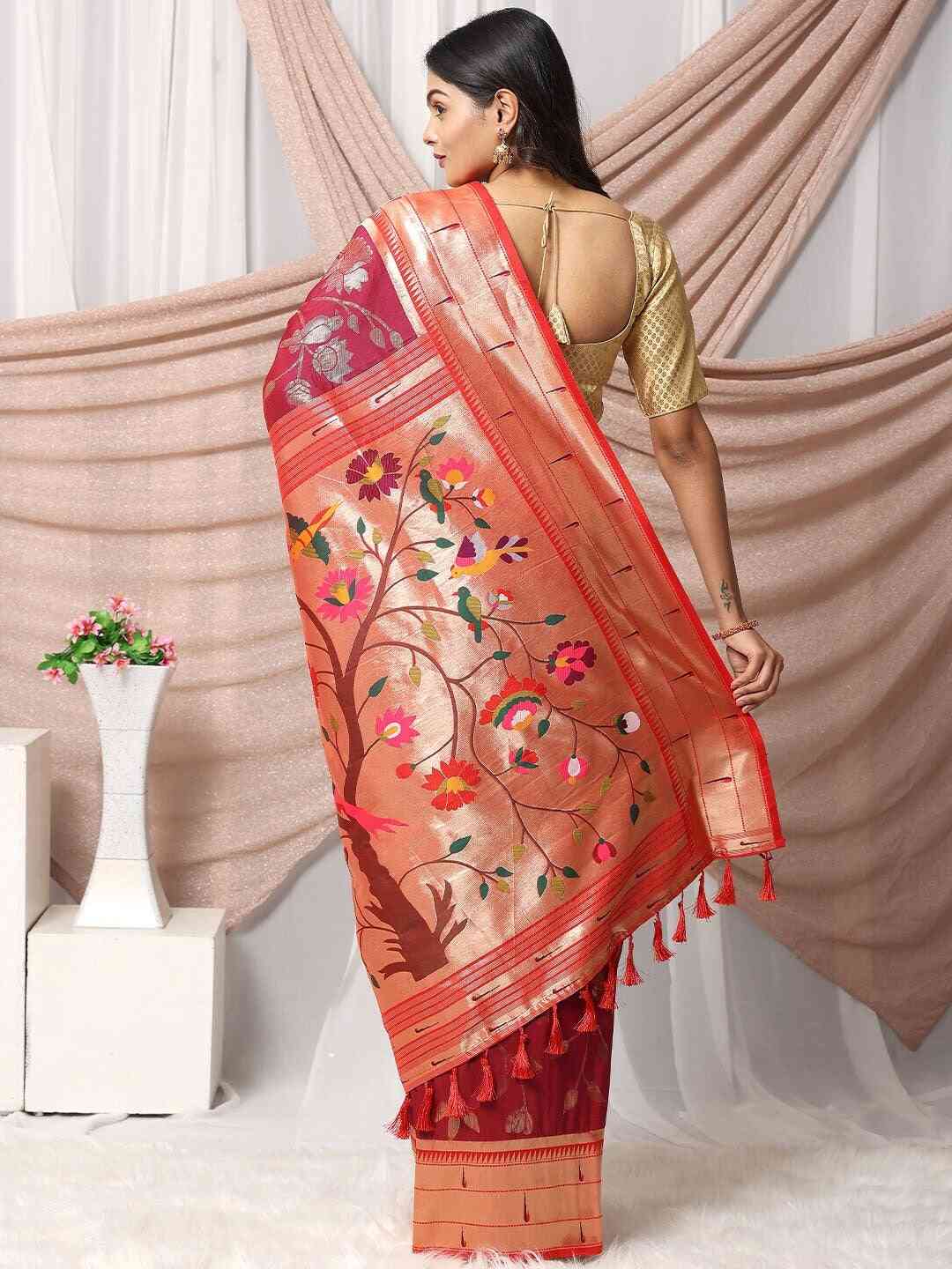 Maroon Paithani Silk Blend Saree by My Store