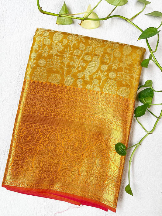 Mustard Yellow Kanjivaram With Golden Zari Work Saree by My Store