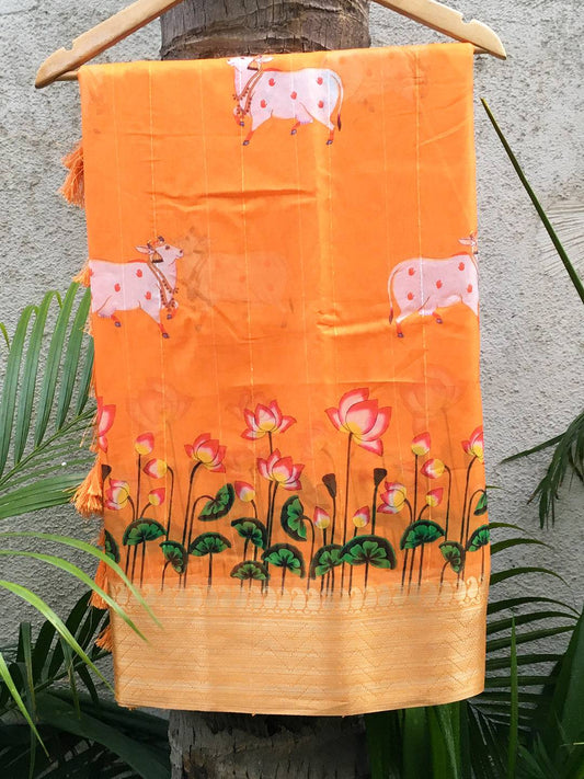Orange Organza Pichwai Print Saree by My Store