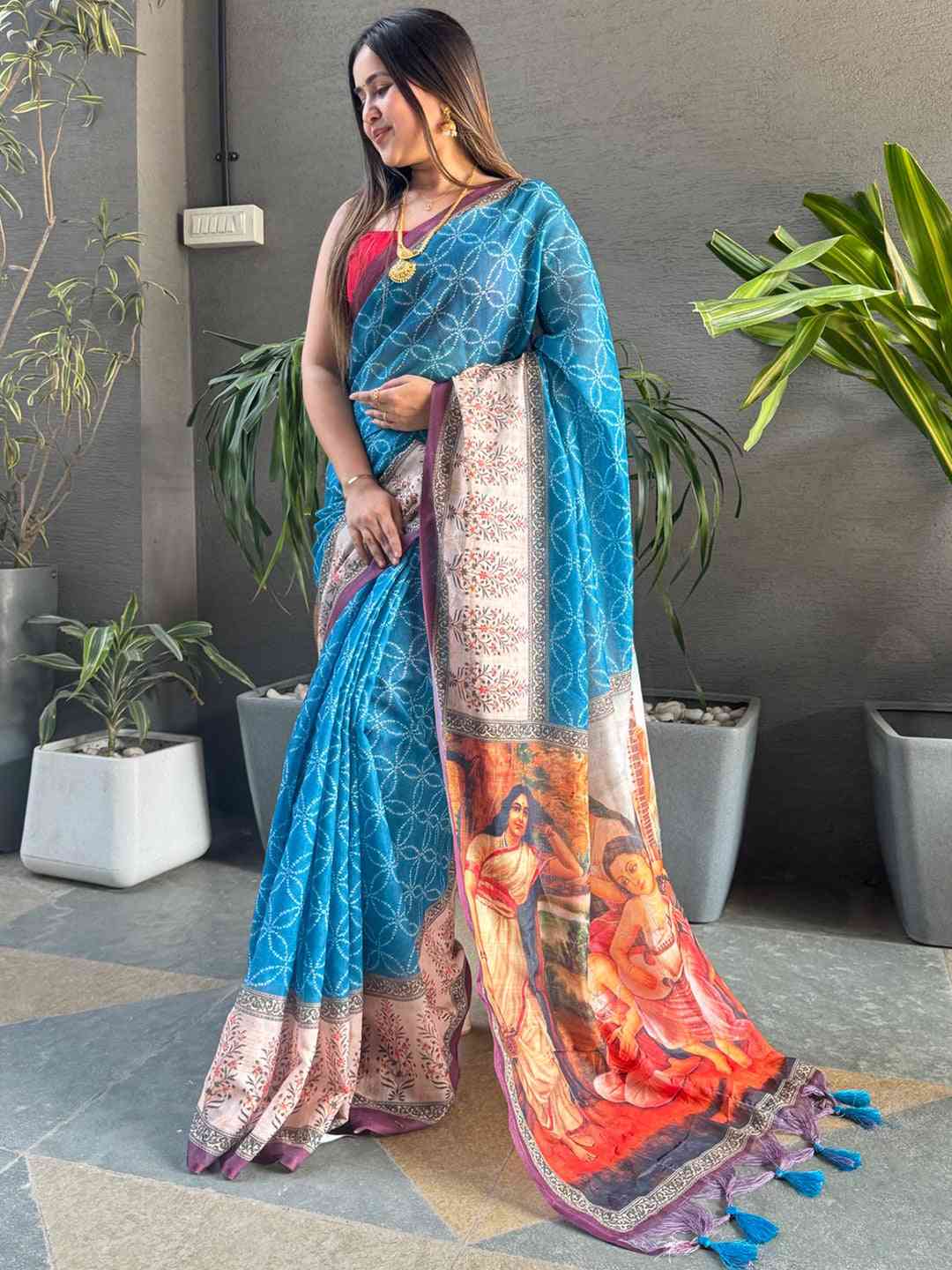 Blue Colour Geometric Print Saree With kalamkari Print Design