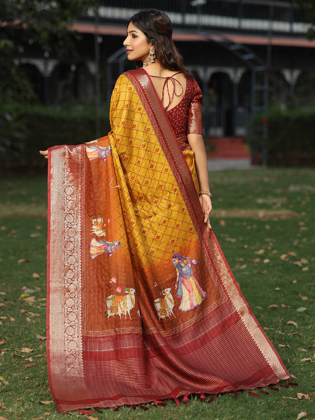 Mustard Colour Pure Viscose Dola Silk Saree With Mughal Motifs - Luxe