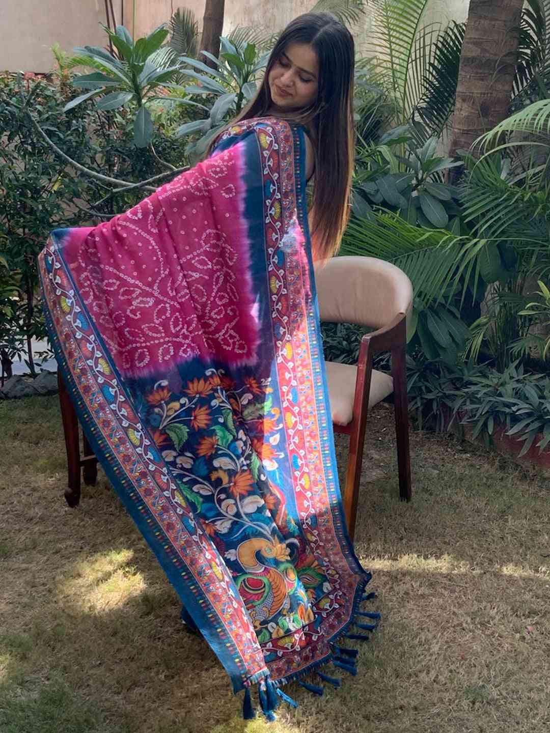 Linen Bandhej Kalamkari Digital Print Saree by My Store