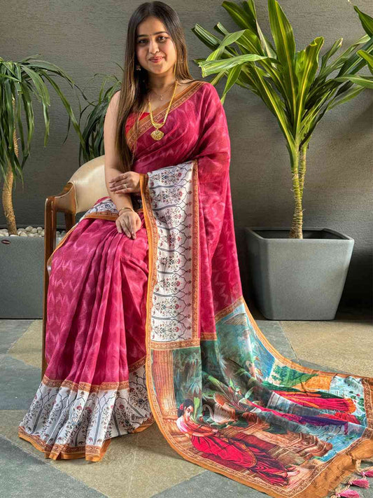 Rani Colour Ikkat Print Saree With kalamkari Block Print Design by My Store